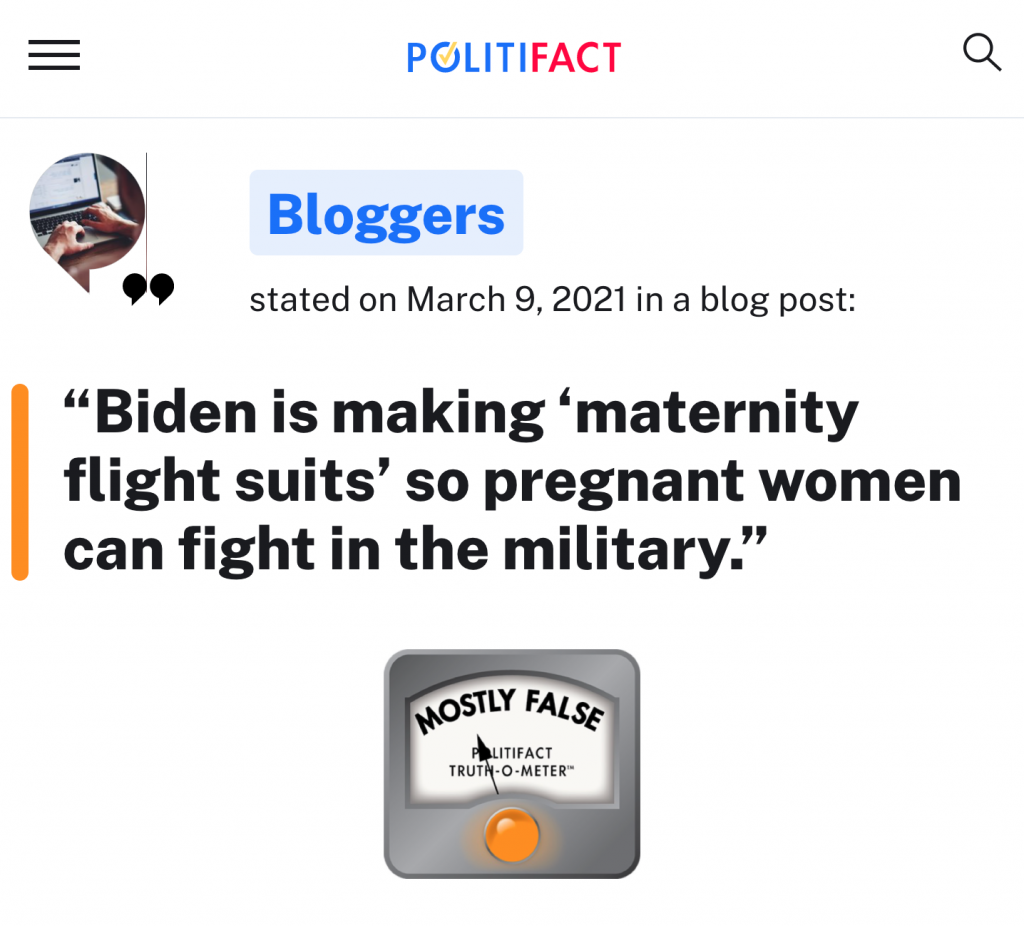 Politifact Claims Biden’s Claim About “Maternity Flight Suits” for the Military is “Mostly False”