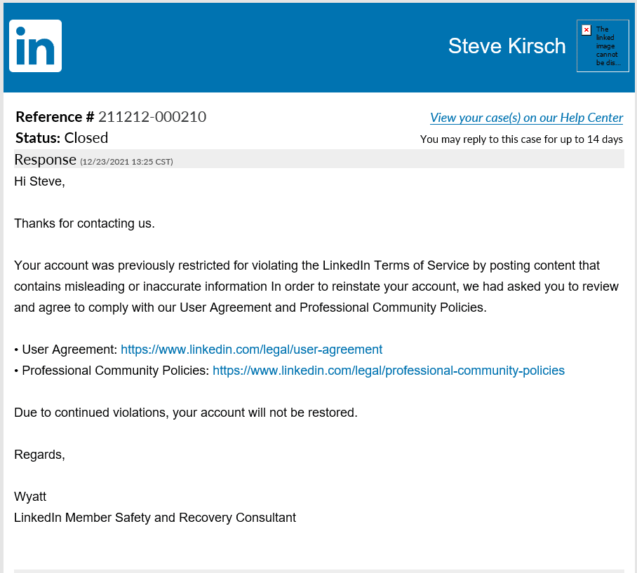 LinkedIn has banned me for life for making 3 truthful comments