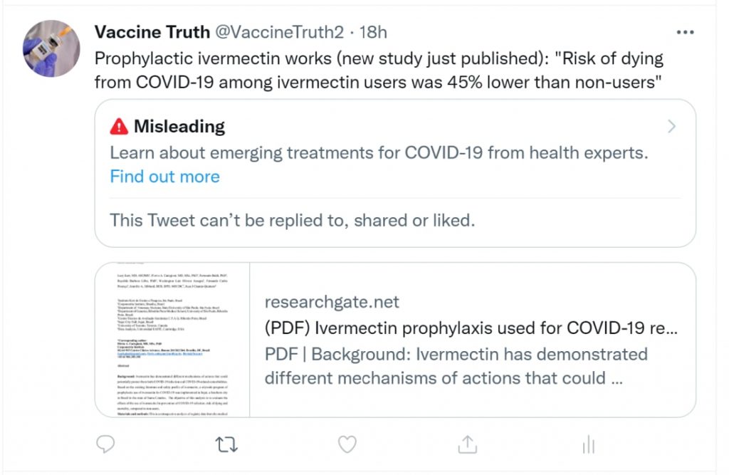 Twitter says ivermectin can’t work no matter how many studies say it does