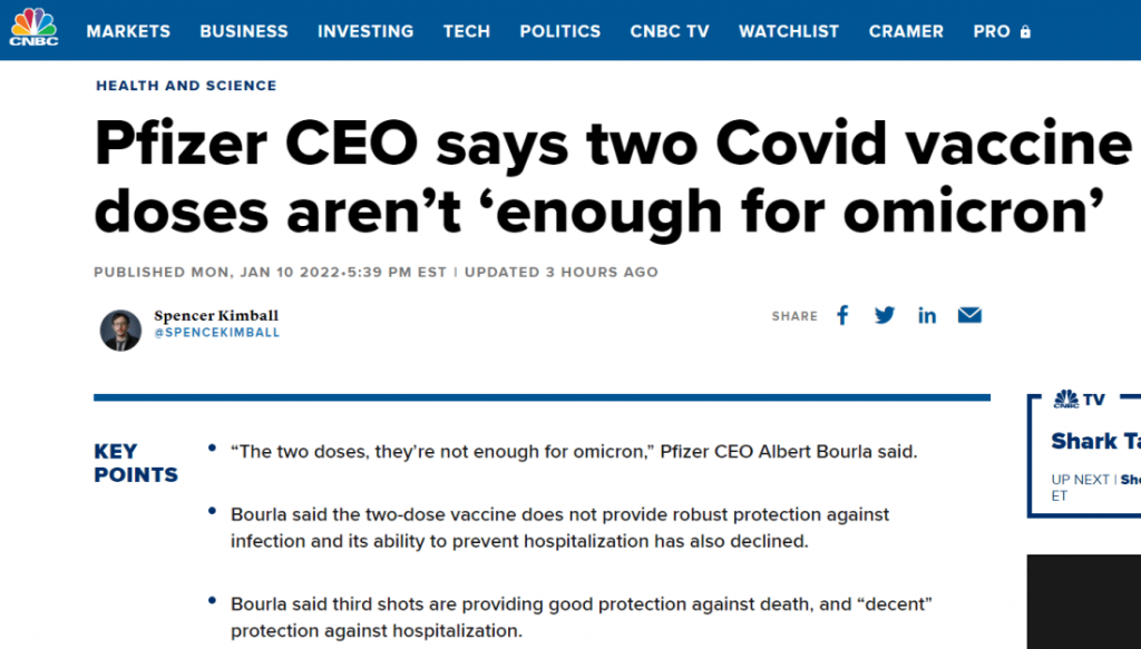 Pfizer CEO says two Covid vaccine doses aren’t enough for Omicron