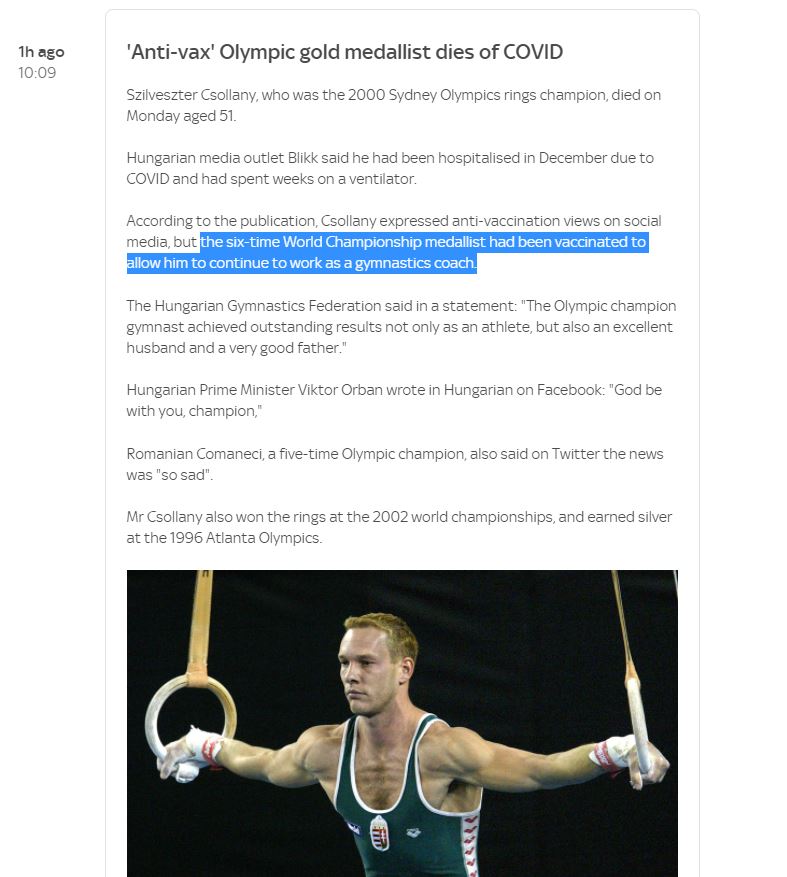 “Anti-Vax” Olympic Gold Medallist Dies of COVID (But He Was Vaccinated)