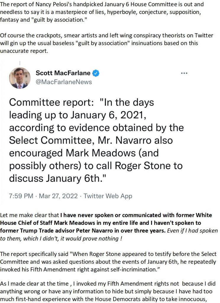 ROGER STONE BLASTS The Jan 6 Committee Report: A Masterpiece of Lies, Hyperbole, Conjecture, Supposition, Fantasy, and “Guilt by Association”
