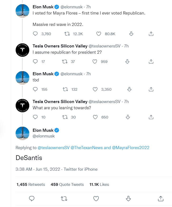 Elon Musk Announces He Voted Republican in Texas Special Election, Says He Leans Towards Supporting DeSantis in 2024