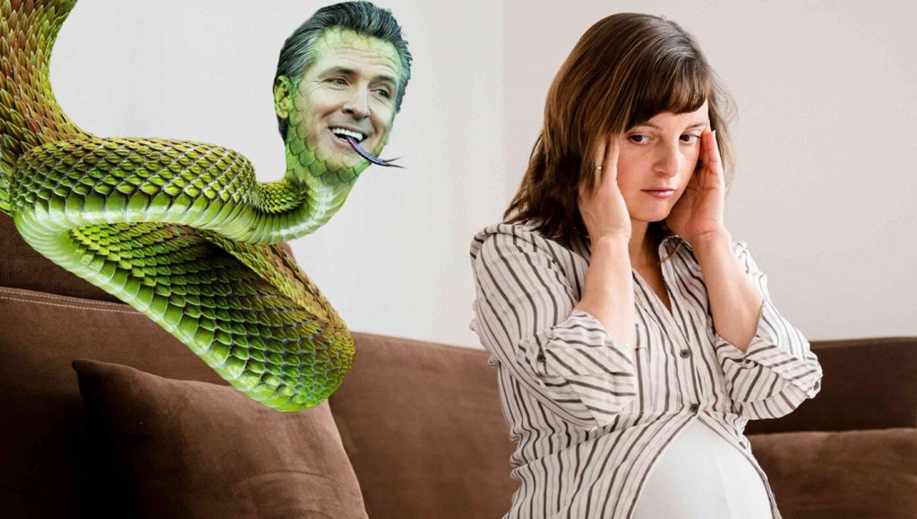 SATIRE – ‘Did God Really Say You Shouldn’t Kill Your Baby?’ Hisses Slithering Newsom To Frightened Pregnant Woman