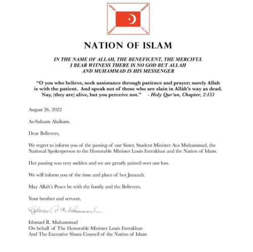 Official statement of The Nation of Islam on the passing of Student Minister Ava Muhammad. (National Spokesperson)