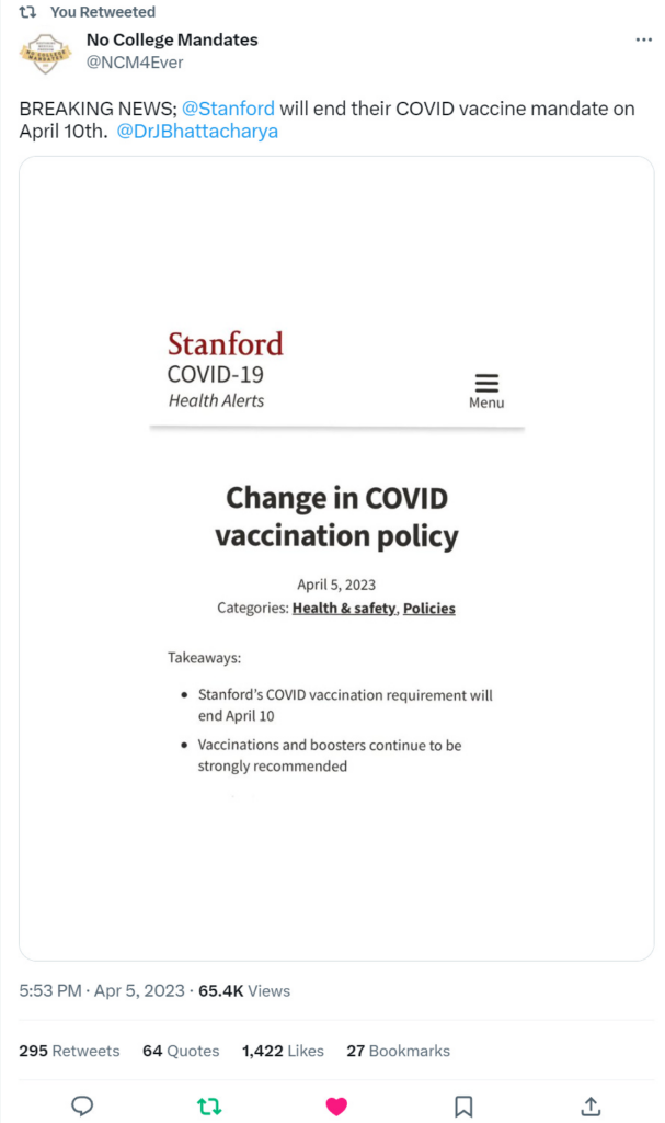 Stanford will no longer be requiring vaccination for students on April 10, 2023