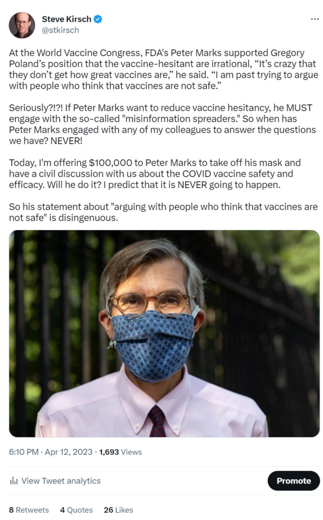 I just offered Peter Marks $100,000 to take off his mask and answer our questions about vaccine safety