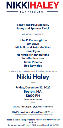 EXCLUSIVE: Ryan-Romney Leading Bundler Holds Elite Boston Fundraiser for Nikki Haley