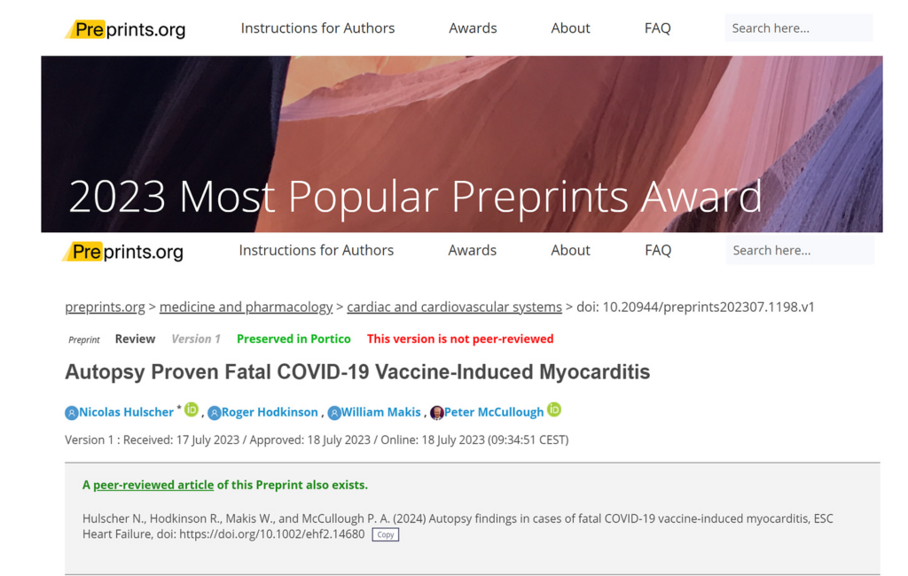 BREAKING–Manuscript on Fatal COVID-19 Vaccine Myocarditis Nominated for Top PrePrint