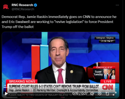 Hypocrisy at Its Finest as J6 Committee Member Jamie Raskin Pledges to Propose Legislation Removing President Trump from the Ballot