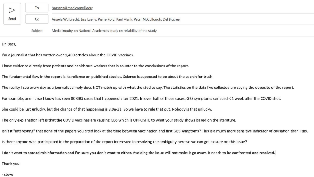 My email to Dr. Anne Bass re: National Academies evidence review on COVID shot side effects