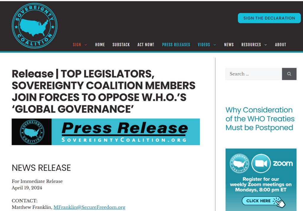 News Release–Top Legislators, Sovereignty Coalition Members Join Forces to Oppose WHO ‘GLOBAL GOVERNANCE’