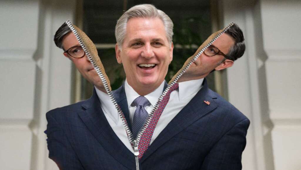 Mike Johnson Unzips Skinsuit Revealing He Was Kevin McCarthy All Along (Satire)