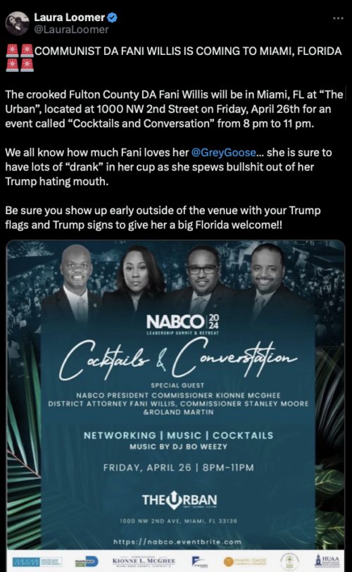 Fulton County DA Fani Willis Heads to President Trump’s Home State of Florida For a Late Night Cocktail and “Networking Event”