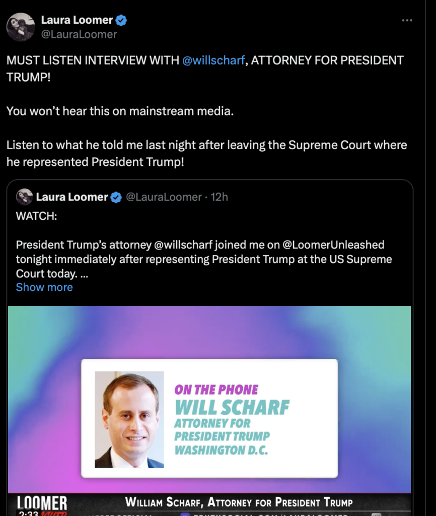 EXCLUSIVE: President Trump’s Attorney Will Scharf Says Oral Arguments to SCOTUS By Jack Smith’s Counsel Were Cleared by Biden’s Solicitor General