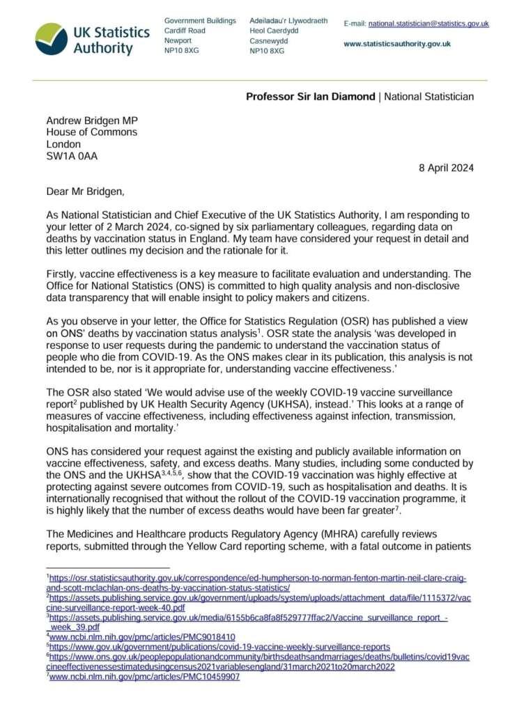 UK ONS denies request from 7 MPs by claiming that the vaccines are safe so there is no need to do any analysis that might show otherwise