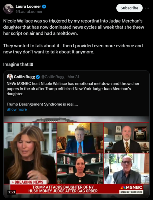 Nicolle Wallace Melts Down on MSNBC as Loomer Presents More Evidence Proving Judge Merchan’s Daughter’s Anti-Trump Bias