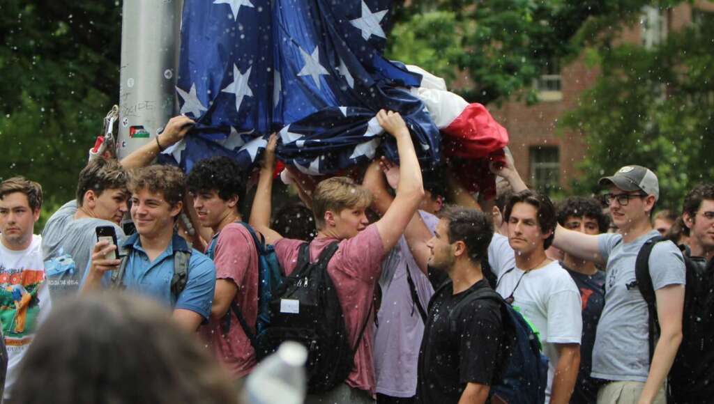 American Flag Defended By Frat Boy Heroes Dylan, Dylan, Dylan, And Dylan (Satire)