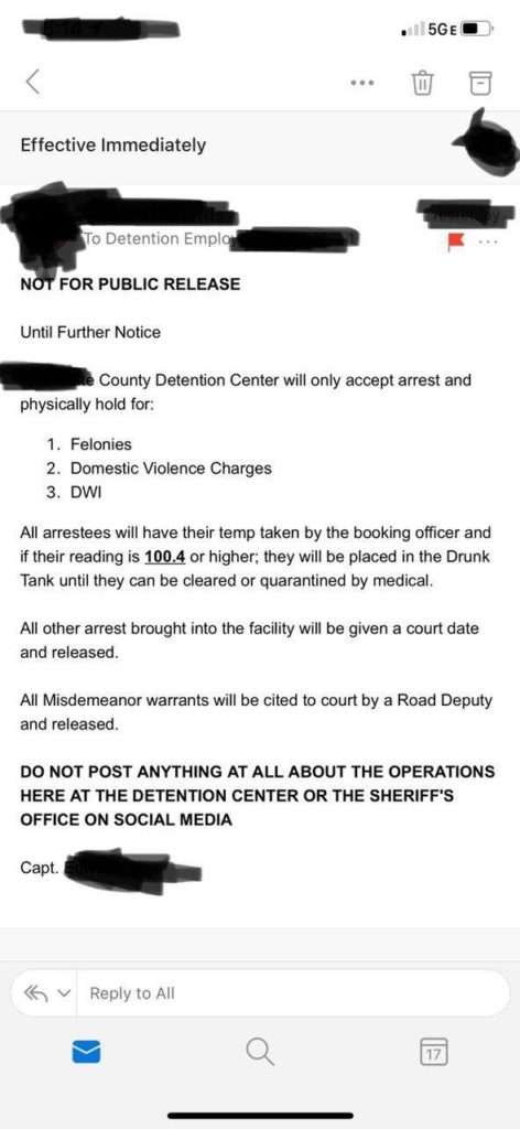 Detention Center Will No Longer Arrest & Hold Certain Suspects Due to Coronavirus