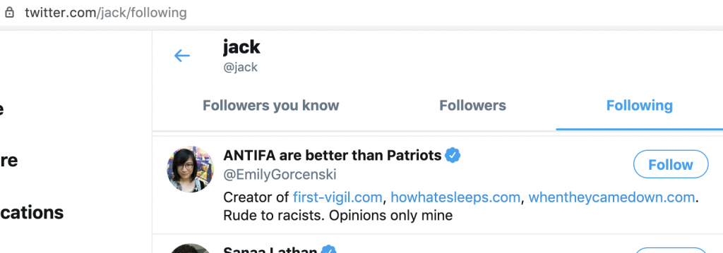 Twitter CEO Jack Dorsey Follows Verified Antifa Account Doxxing Trump Boat Rally Goers