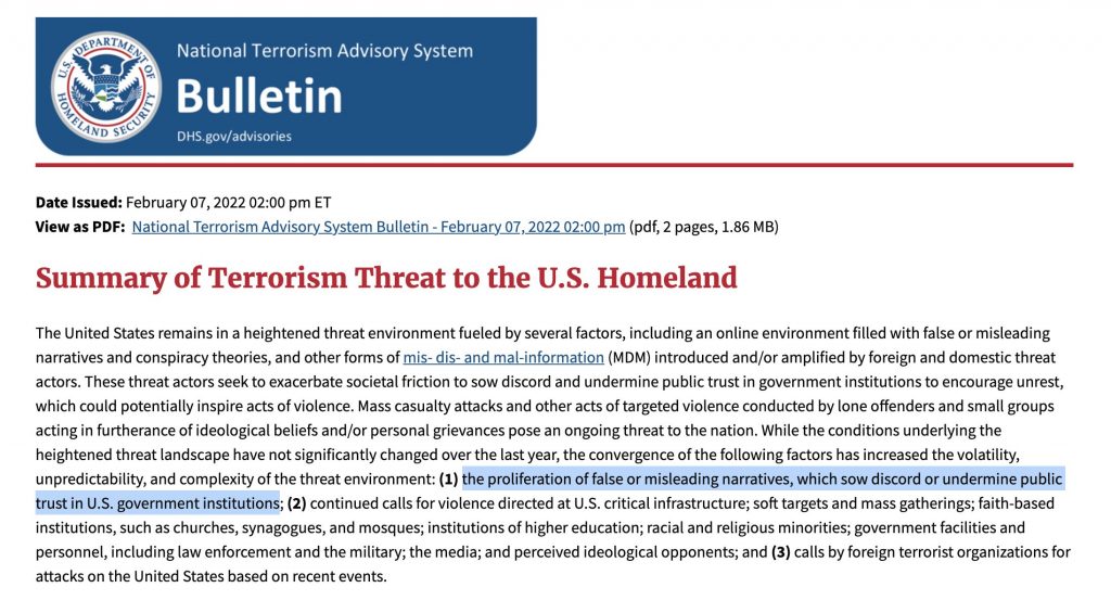 DHS Issues Terrorism Bulletin Over “Conspiracy Theories” and “Misleading Narratives”