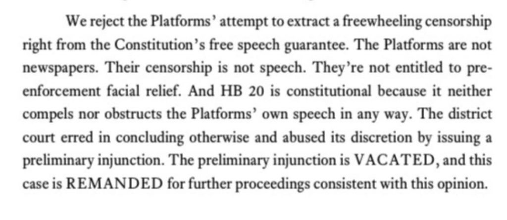 Twitter and Facebook and YouTube lose; the First Amendment wins