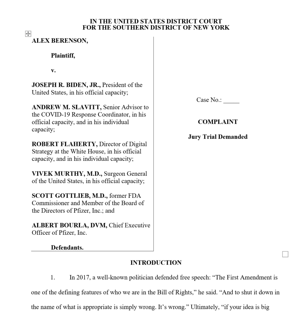 Berenson v. Biden is coming very soon