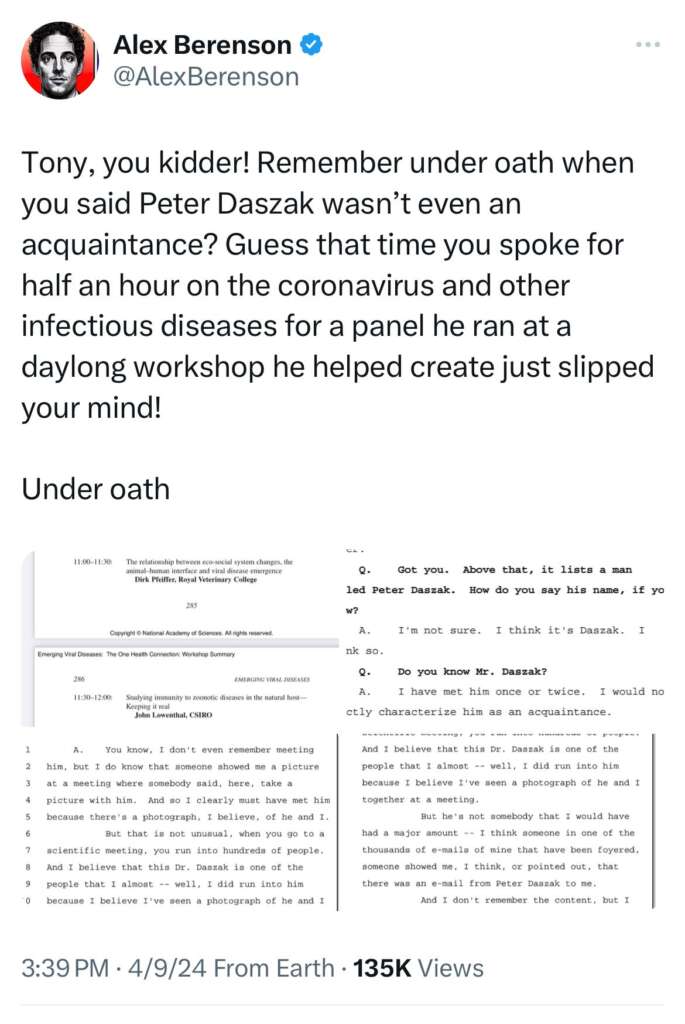 Much more to come on this: but you might be interested to see that RFK Jr just picked up on an X post I made about Tony Fauci’s deceptive deposition testimony in Missouri v. Biden