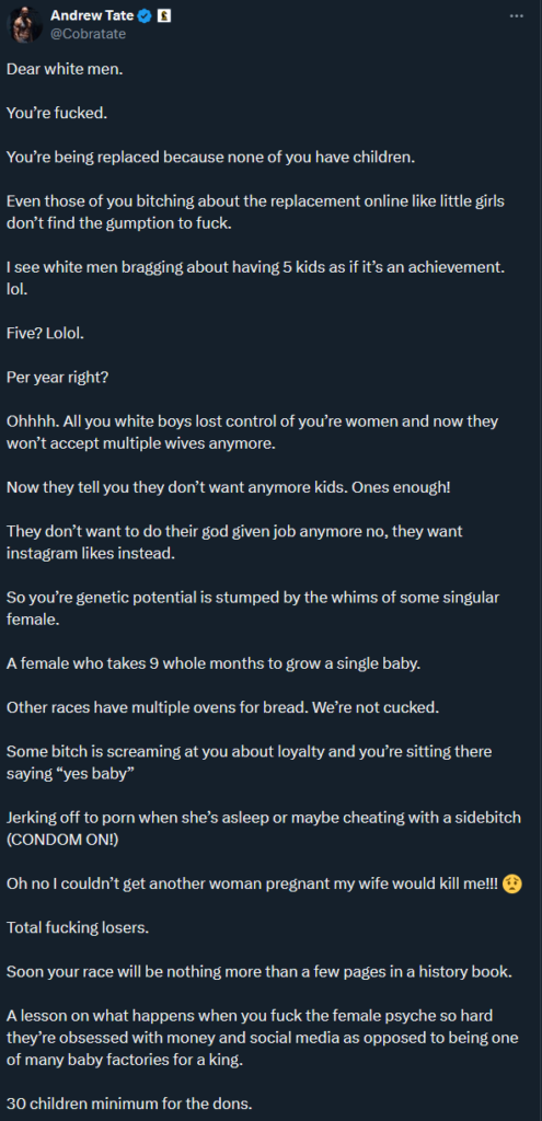 Andrew Tate Enrages White replace us crowd