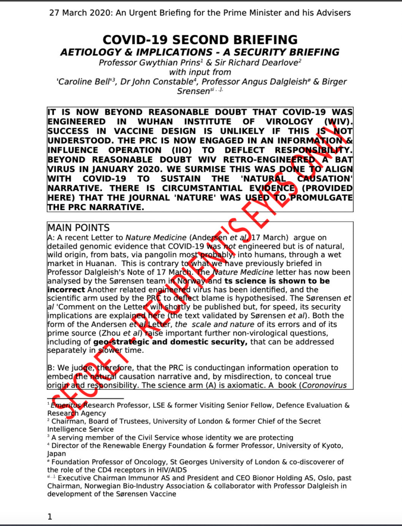 March 2020 Intel Brief to PM Johnson: “COVID-19 WAS ENGINEERED IN WUHAN INSTITUTE OF VIROLOGY.