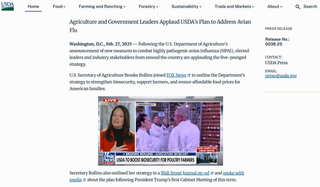 U.S. Department of Agriculture (USDA) Secretary Brooke Rollins “five pronged strategy” to Lower the Cost of Eggs