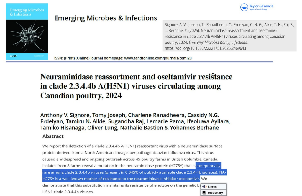 Canadian Authorities Report Tamiflu Resistance Very Low in H5N1 Isolates