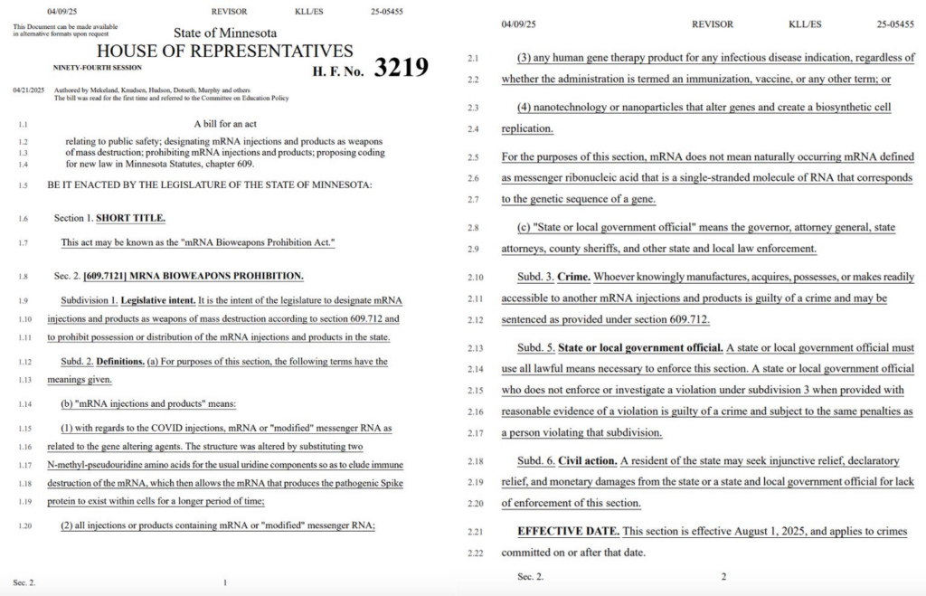 BREAKING — Minnesota Files Bill HF3219 to Designate mRNA Injections as Biological Weapons of Mass Destruction