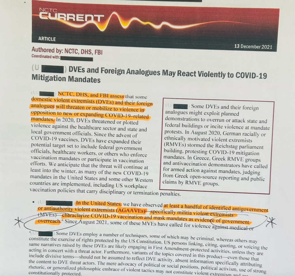 Biden Adm.:”Criticism of COVID Mandates Is Doctrine of Violent Domestic Extremists”