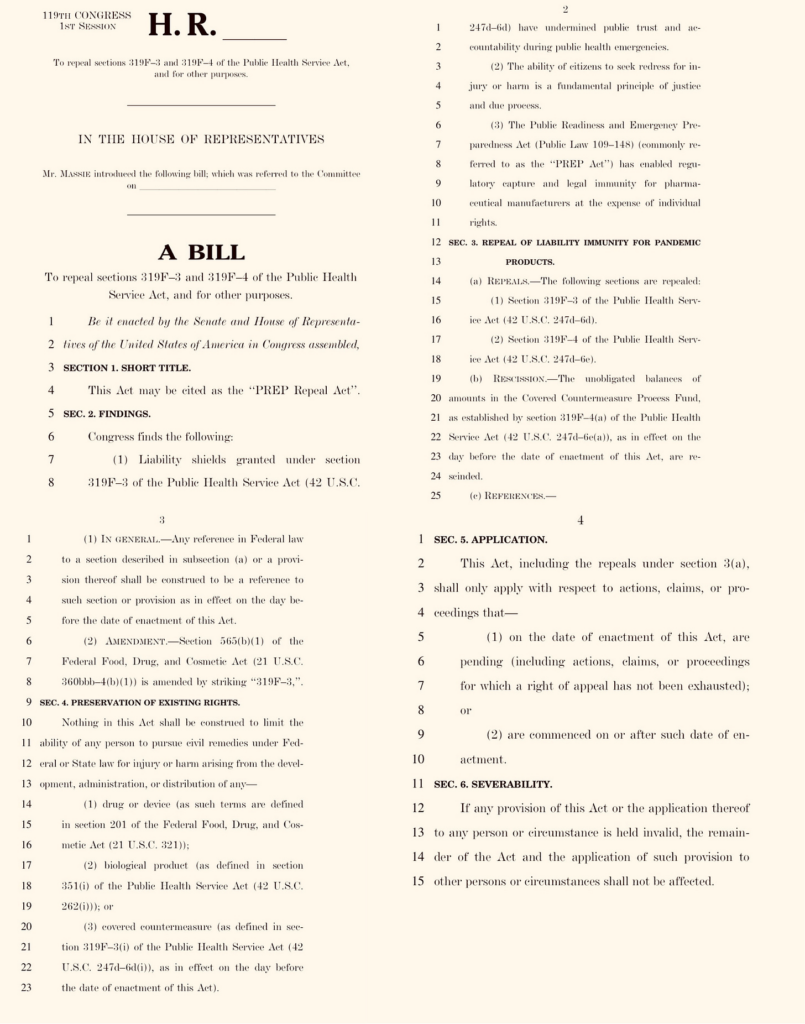 BREAKING: Rep. Massie Files Bill to REPEAL the PREP Act and Strip Big Pharma of Legal Immunity