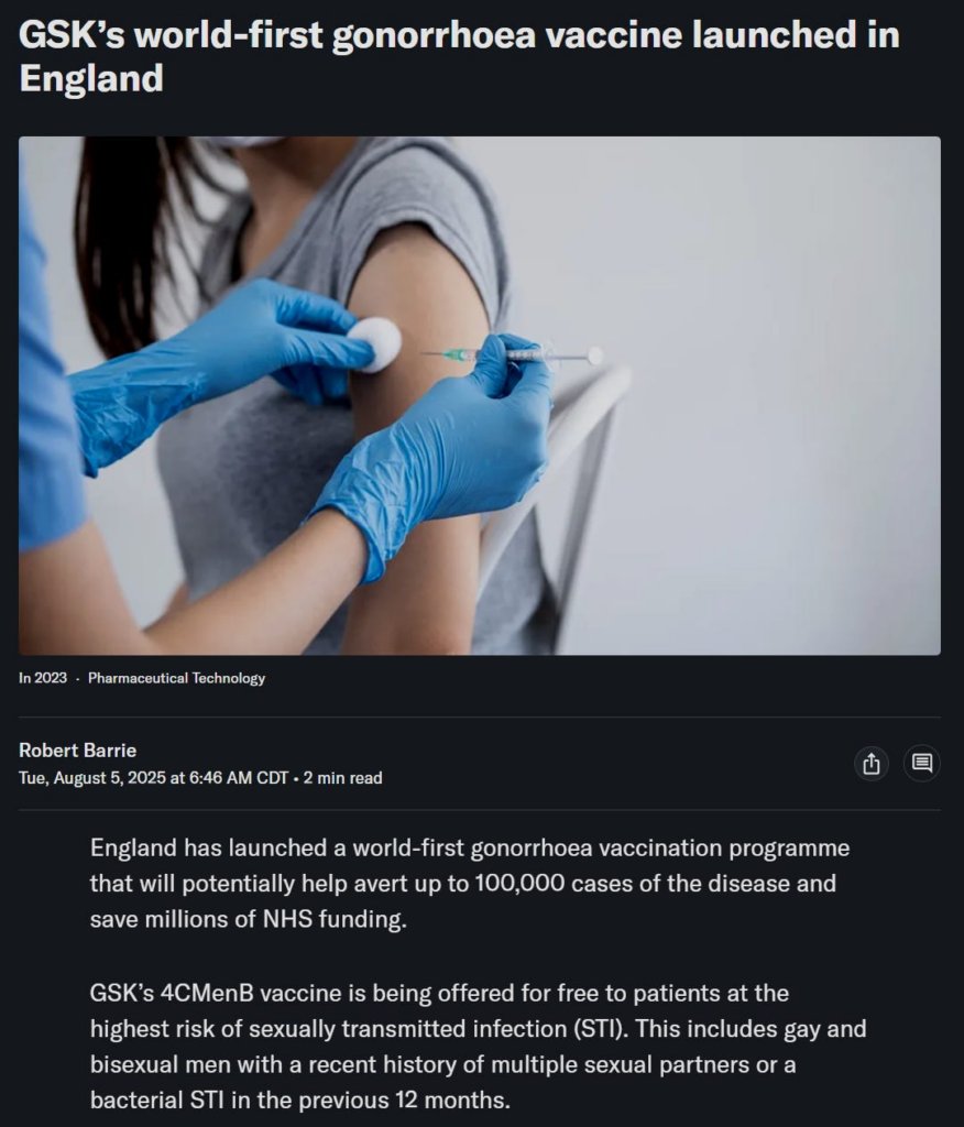 World’s First “Gonorrhea Vaccine” Rolled Out as Repurposed, Additional Bexsero Meningococcal Vaccine Doses in UK
