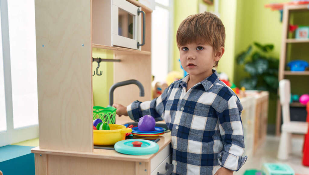 Toddler Clocks In For Another Long Day Working In The Play Kitchen (Satire)