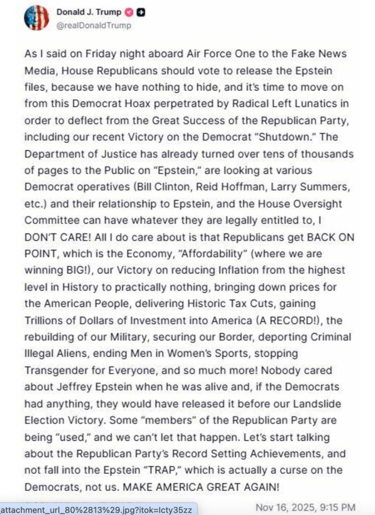 Trump Now Says He Supports Release of Epstein Files