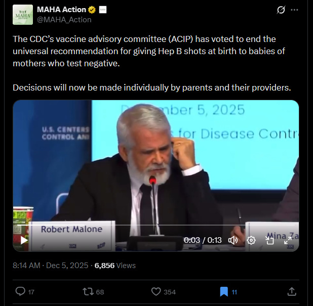 ACIP votes 8 to 3 to end the universal recommendation for giving Hep B shots at birth to babies of mothers who test negative.