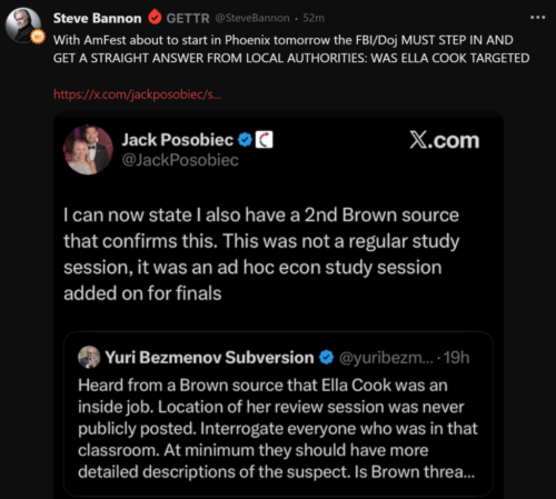 BANNON DEMANDS ANSWERS ON BROWN UNIVERSITY SHOOTING AND ELLA COOK TARGETING